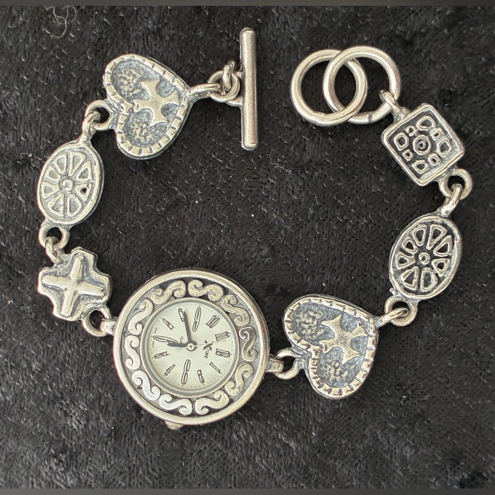 Silver-Tone Heart & Charm Bracelet Watch VTG Chain Link Toggle Closure